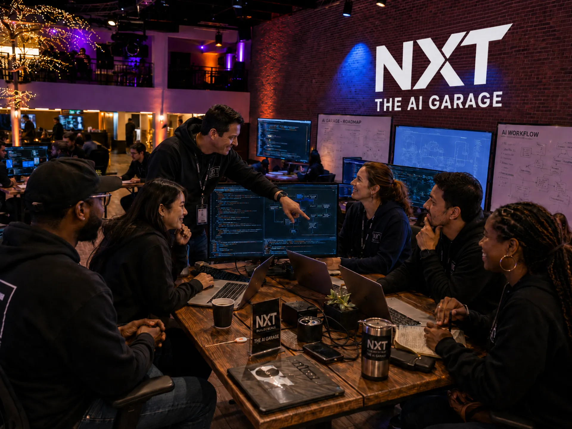 Builders around a table at The AI Garage, NXT signage on the brick wall