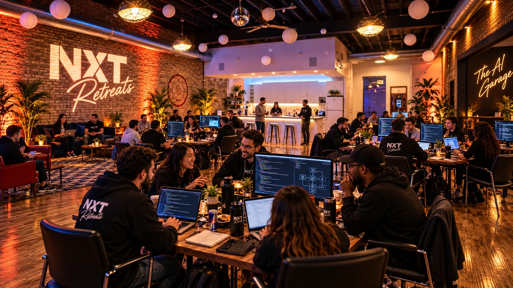 Founders vibe coding at the NXT Retreats AI Garage hackathon at Trigger Chicago