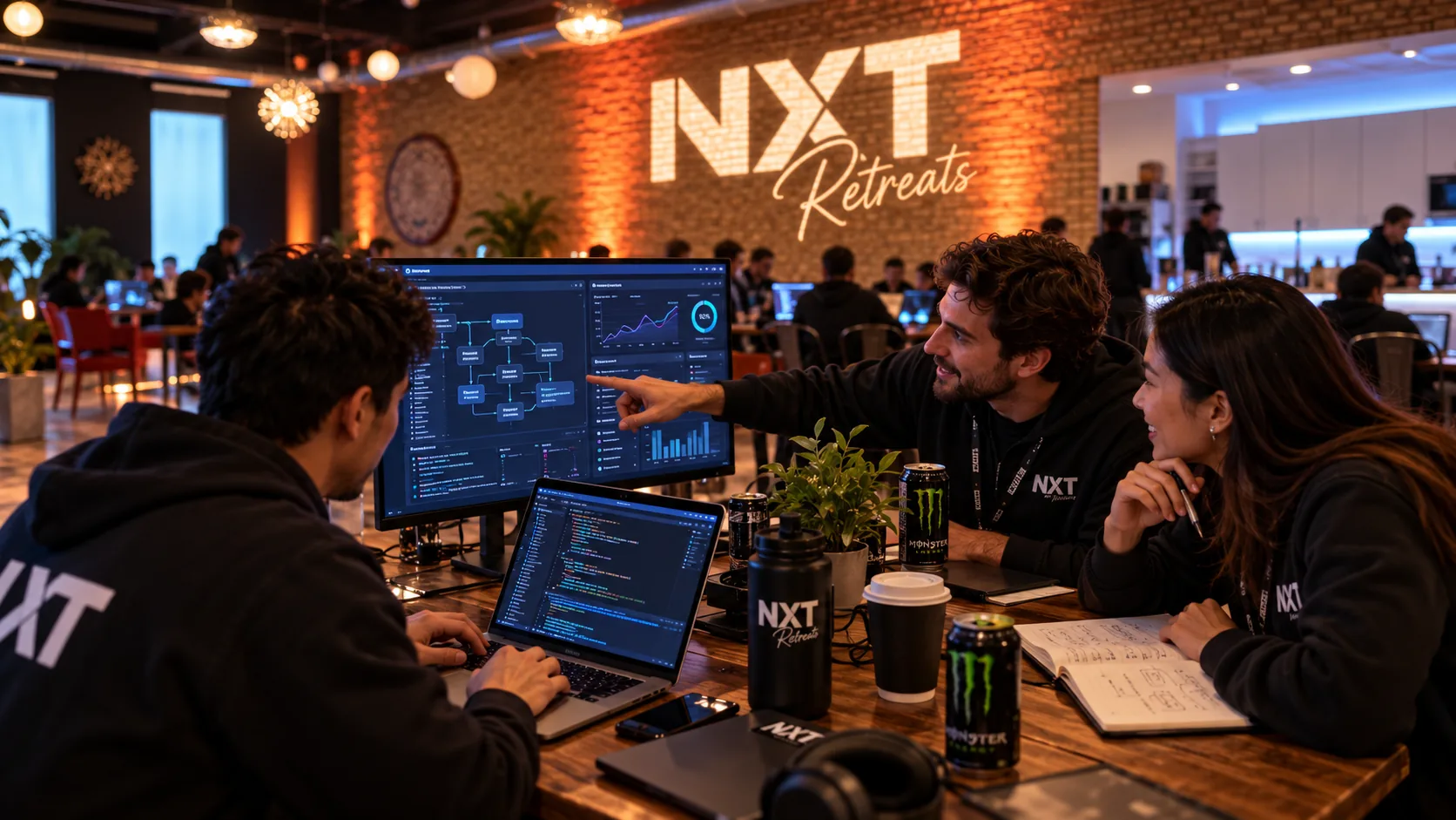Founders pair programming an AI product at the NXT Retreats hackathon